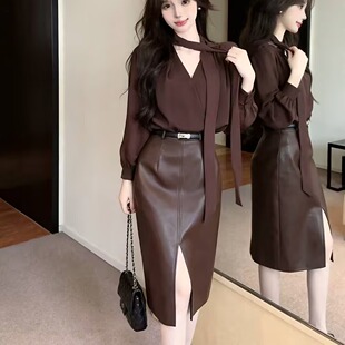 2026新款女神气质小心机设计飘带长袖衬衫+包臀皮裙女配皮带