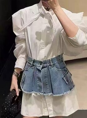 小众飘带立领泡泡袖长款白衬衫女可拆卸毛边牛仔腰封半身裙两件套