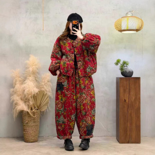 炒色做旧棉麻印花盘扣大花棉衣外套宽松哈伦裤 套装 两件套 新款 冬季