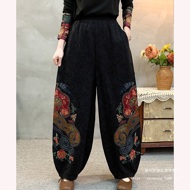 民族风棉麻灯笼裤女2025秋季新款松紧腰大码哈伦裤纯色刺绣南瓜裤