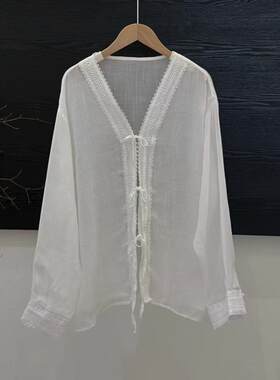 26夏季新款苎麻花边系带V领宽松开衫女防晒薄款宽松慵懒风上衣