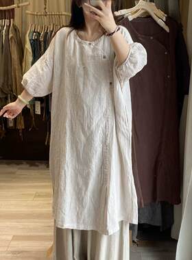 版高品质复古时尚偏襟纯亚麻连衣裙女宽松大版百搭灯笼袖女袍
