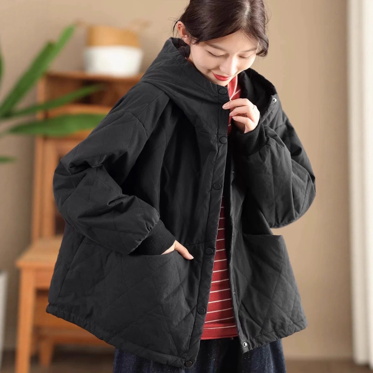 简约连帽棉衣女2025冬款保暖夹棉外套菱形格棉服女韩版棉袄81607