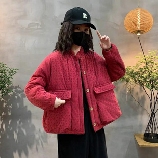 冬季新款灯芯绒加绒加厚棉衣条绒棉服保暖外套棉袄做旧碎花大口袋