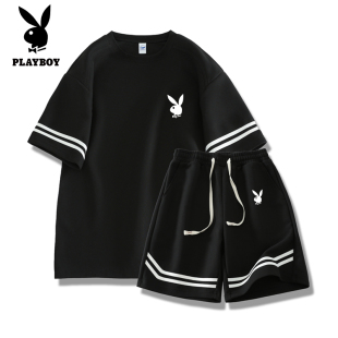 花花公子夏季新款男士时尚百搭套装宽松短袖T恤衫学生运动五分裤
