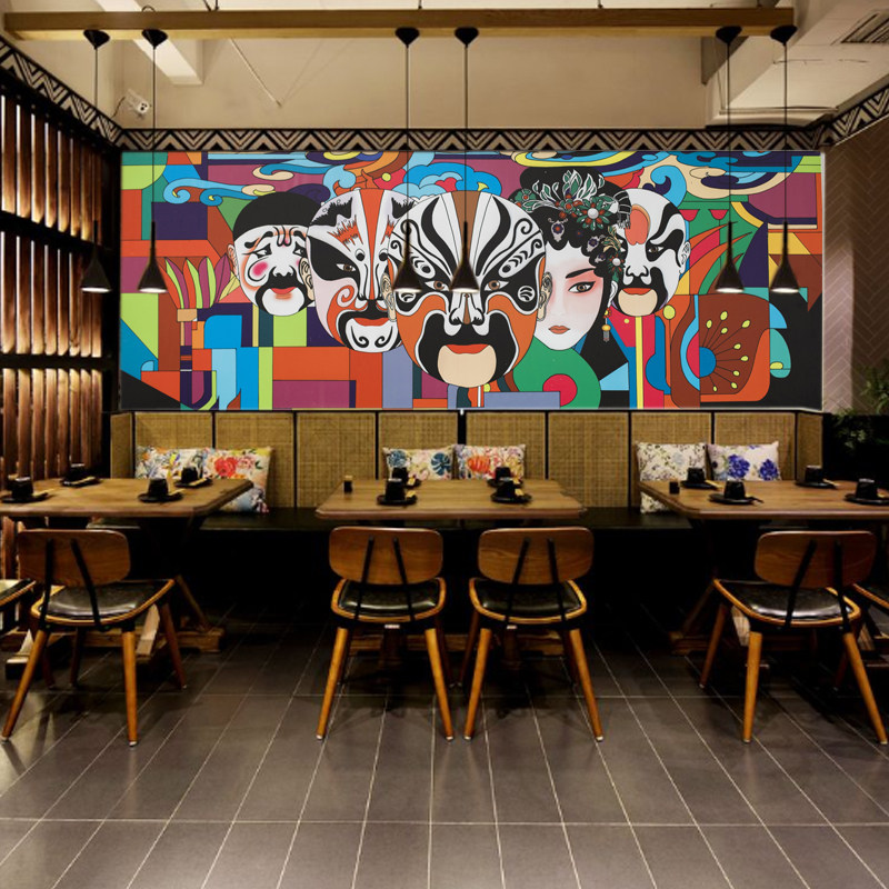 手绘国潮花旦墙纸京剧川剧脸谱背景墙国粹脸谱壁画中国风古典墙布