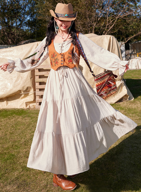 波西米亚长裙超仙旅行度假穿搭民族风连衣裙重工复古绣花马甲套装