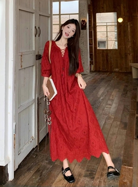 2025年春夏新款云南新疆草原旅游连衣裙民族风蕾丝镂空刺绣长裙子