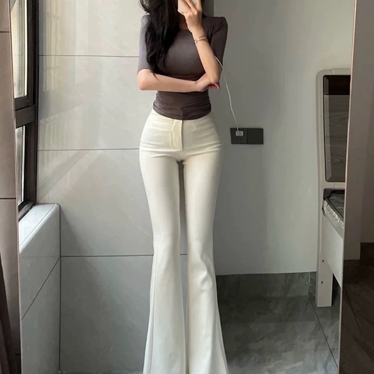 西装裤女秋冬新款加绒加厚马蹄裤米白色微喇叭裤休闲高腰显瘦长裤