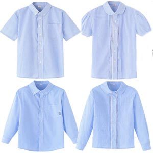 伊顿同款校服男女童蓝色细格子长袖衬衫女娃娃领夏季礼服短袖衬衣
