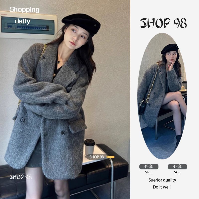 韩版气质休闲时尚复古高级感毛呢西装大衣女秋冬季小个子宽松外套