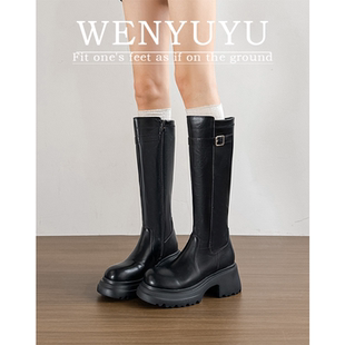 温与屿厚底长筒靴女2025秋冬新款 皮带扣不过膝加宽侧拉链骑士靴