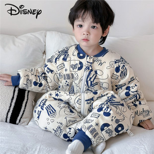 迪士尼婴儿夹棉睡袋秋冬加厚分腿防踢被宝宝纯棉厚棉保暖连体睡衣
