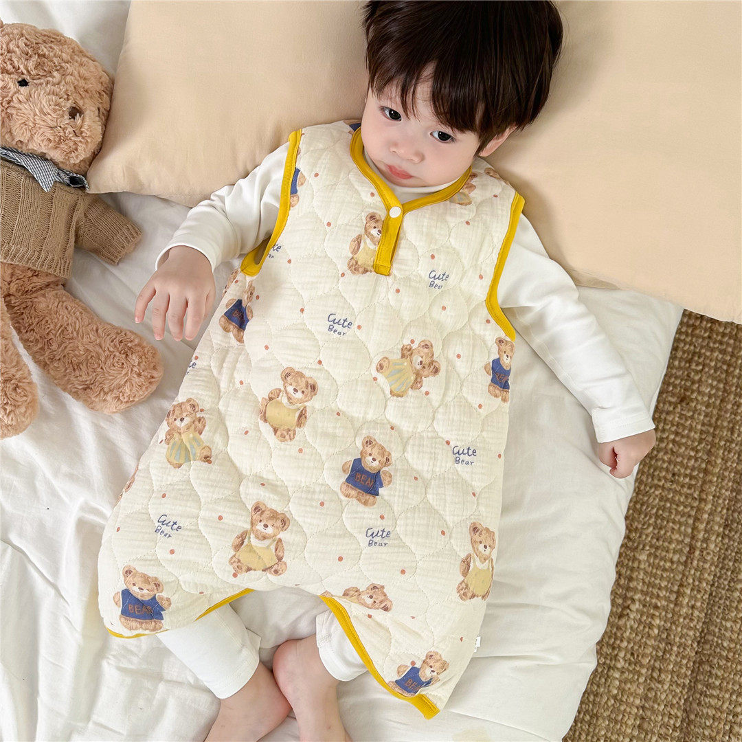 宝宝背心睡袋秋冬夹棉加厚连体睡衣纱布透气无袖护肚防踢被睡袍