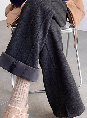 羊绒阔腿裤2025秋冬新款小个子窄版直筒休闲女裤人字纹洋气高档裤