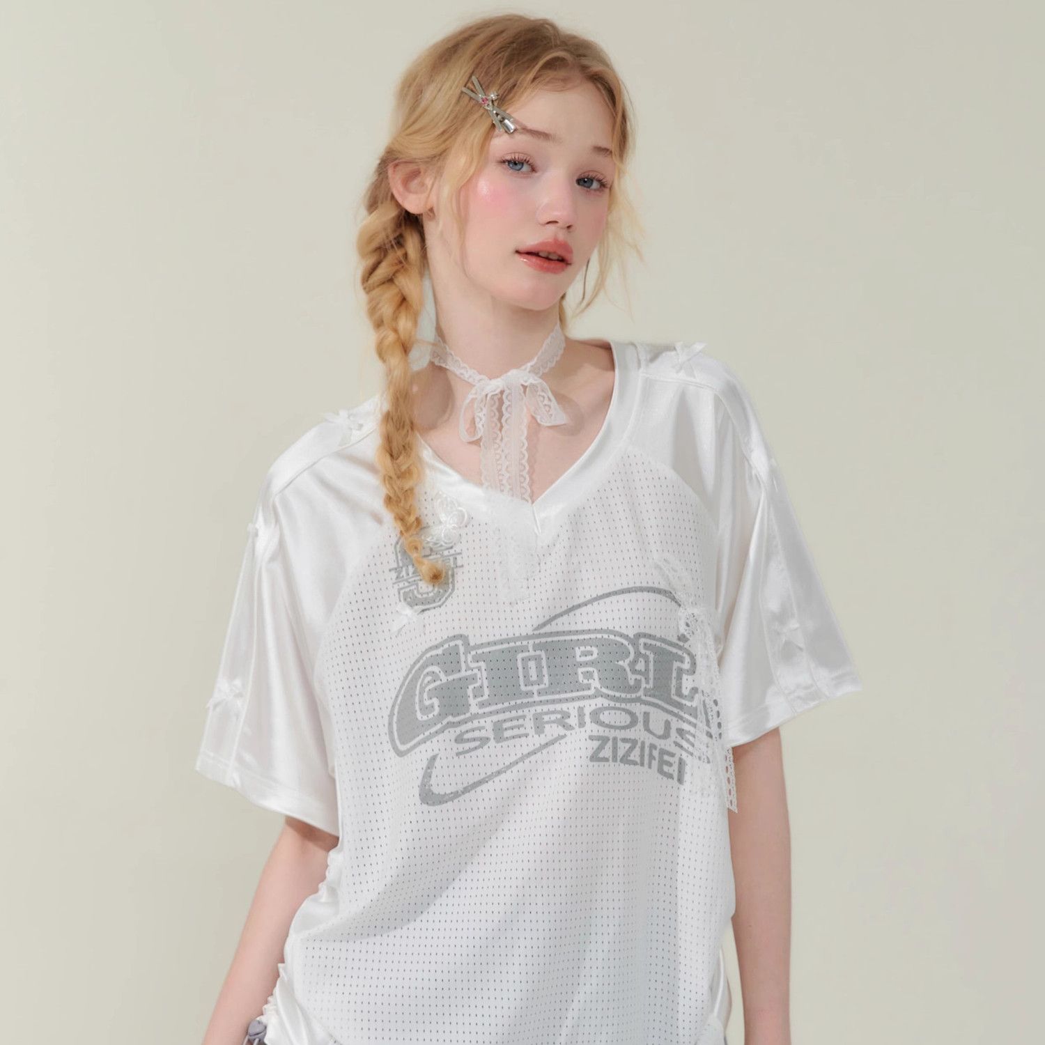 夏季美式设计感字母印花宽松蝴蝶结V领速干运动短袖T恤女