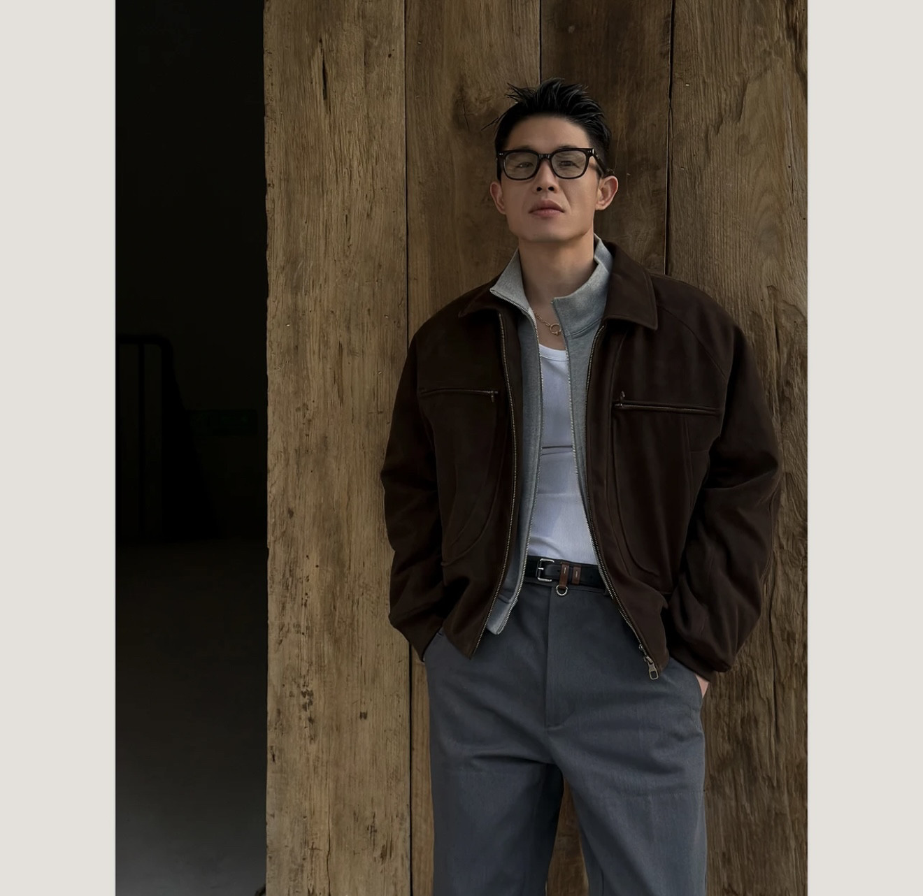 DUPU CONTRACTED 复古重工人工嵌条分割设计短宽皮衣绗棉夹克