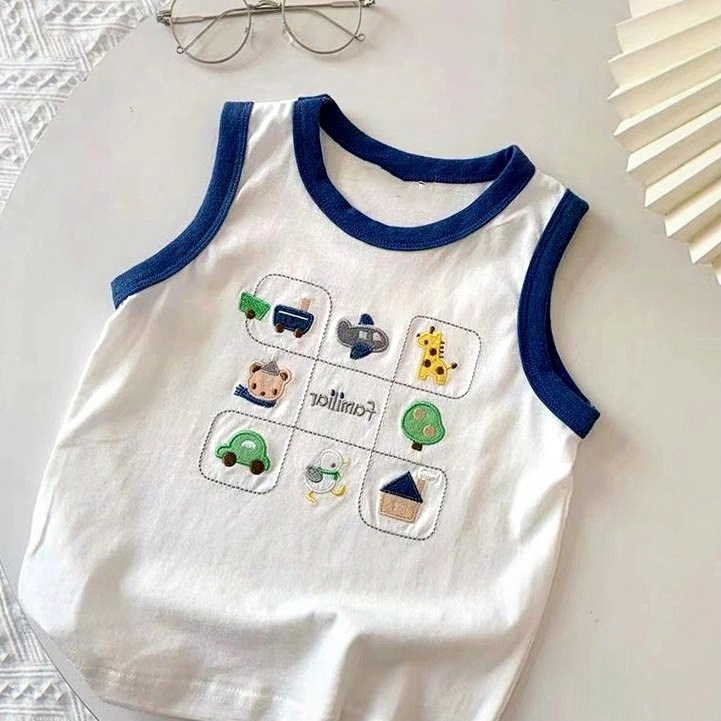 童装夏季新袖上衣儿童卡通刺绣款男童背心宝宝纯棉薄款无T恤衫潮
