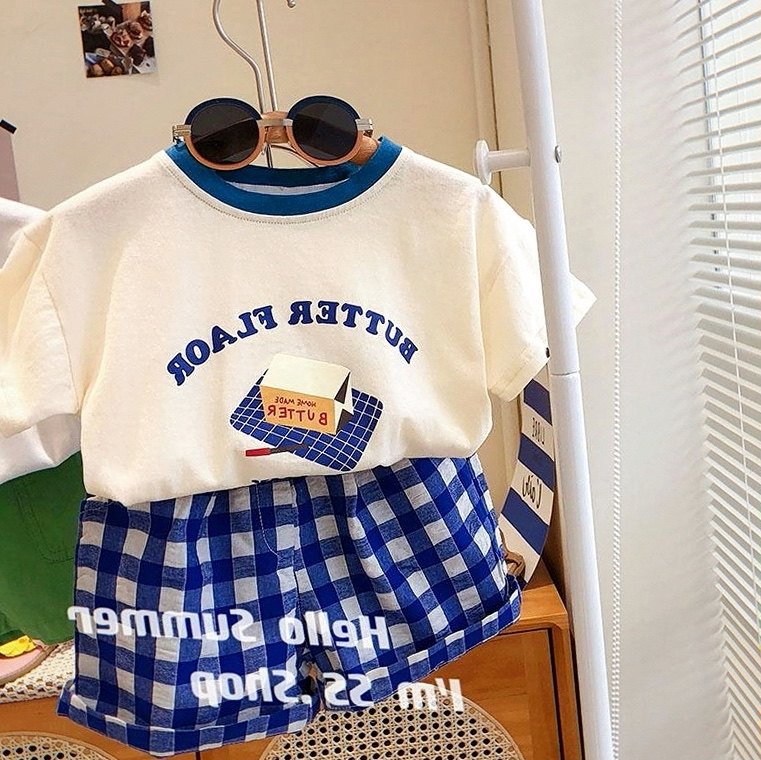 2023夏季儿童男女童字母短袖韩国童装T恤格子短裤两件套休闲套装