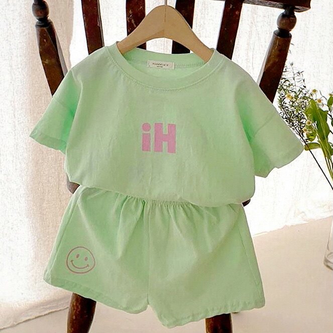 婴幼儿童袖套装字母笑脸T装糖果色韩版休闲短恤短裤两件套