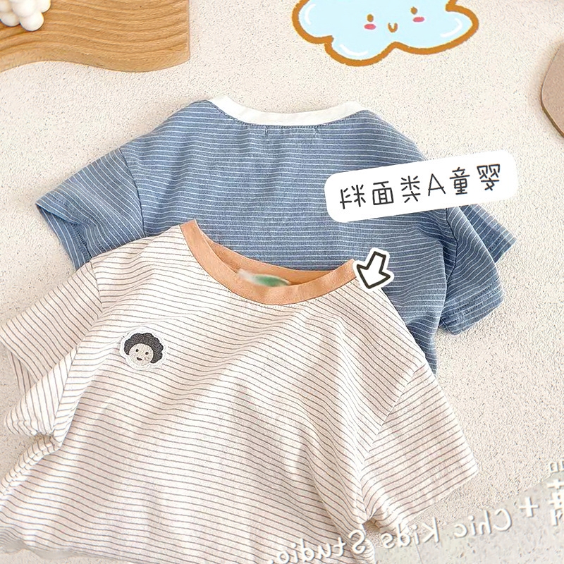 日系棉麻风~男女童夏装洋气条纹时尚短袖T恤宝宝半袖t儿童打底衫