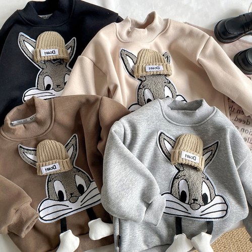 2023秋冬新年款加绒儿童一体绒宝男女童卡通卫衣宝半高领保暖上衣