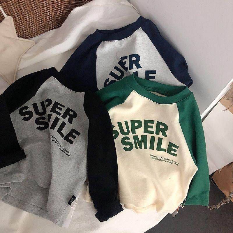 2023冬季新款字母插肩衫亲子儿童装加厚韩版T恤圆领宽松打底衫潮