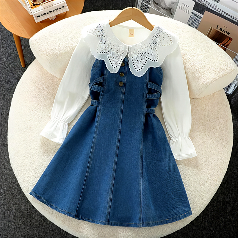 连衣裙秋季裙子童装背带中大2024牛仔童洋气女童两件套裙套装春秋