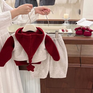奶油女童新年红色连帽针织套装可爱宝宝女秋冬加厚毛衣两件套跨境