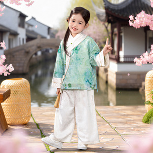 女童汉服春装宋制褙子套装清新薄荷绿古风两件套宝宝汉元素服饰潮