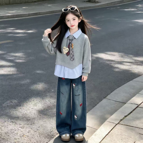 女童春款套装2026新款儿童装洋气假两件卫衣儿童牛仔裤休闲两件套