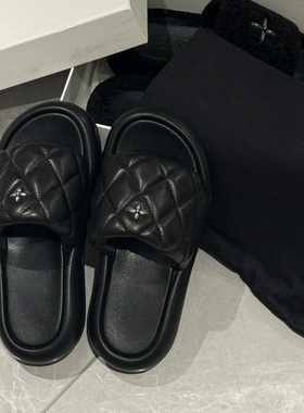 吴宣仪同款女拖鞋黑色菱格十字架面包拖鞋外穿休闲厚底一字拖鞋女