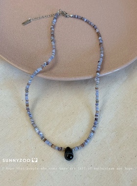 新中式自制手工项链设计感不规则海贝珠天然石锁骨链森系蓝色项链