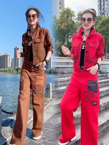 欧洲站2024新款时髦套装休闲时尚个性牛仔直筒宽松裤两件套女士潮