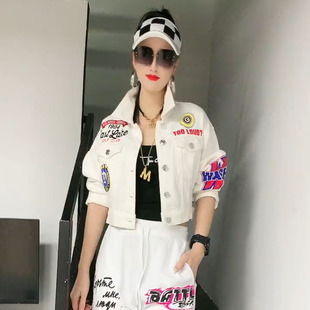 潮流春秋个性涂鸦印花牛仔上衣套装嘻哈女高档修身棉束脚裤两件套