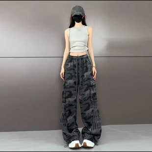 2026夏季新款潮牌迷彩裤美式复古情侣炸街宽松大码工装束脚裤子女
