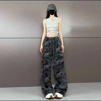 2026夏季新款潮牌迷彩裤美式复古情侣炸街宽松大码工装束脚裤子女