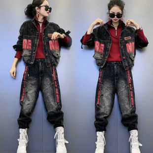 欧货牛仔套装 新款 休闲时尚 洋气减龄显瘦两件套 女红色印花2024春季