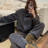 复古风格 休闲两件套 女春秋宽松高级感时尚 纹翻领植绒长袖 套装