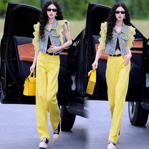 网红同款木耳边马甲时尚套装