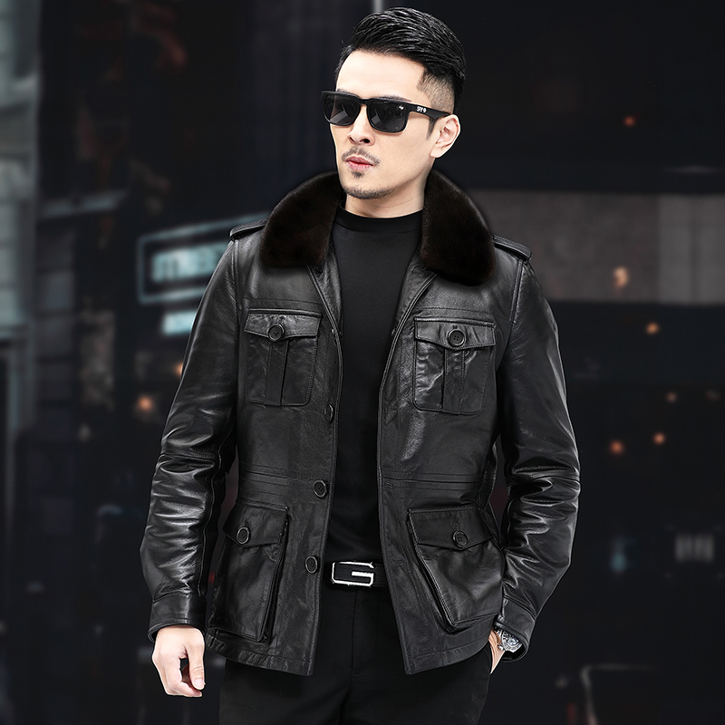 真皮皮衣男正宗纯头层小牛皮机车猎装可脱卸貂绒内胆皮夹克短款厚