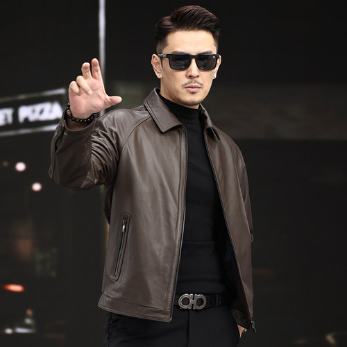 真皮头层纯小牛皮皮衣男插肩袖短款夹克翻领脱卸羽绒水貂毛领外套