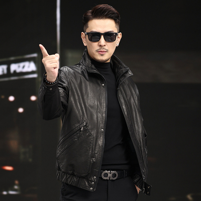 真皮皮衣男油蜡皮头层小牛皮立领短款夹克春秋冬加绒羊毛领外套