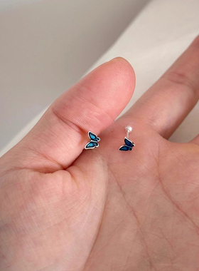 925银针蓝色迷你蝴蝶耳钉小巧精致高级感设计小众睡觉不用摘耳环