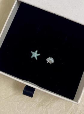925银针蓝色贝壳海星不对称耳钉2025新款独特设计感海边度假耳环