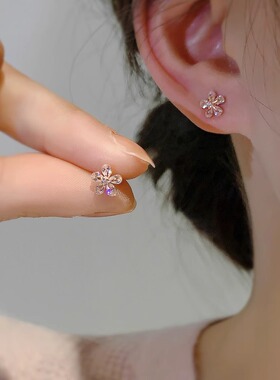 925银针养耳洞玫瑰金樱花耳钉2024年新款爆款小众设计感气质耳环