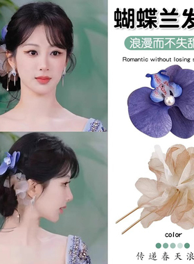 氛围感晕染紫色珍珠蝴蝶兰发夹2025新款复古花朵侧边刘海发卡头饰