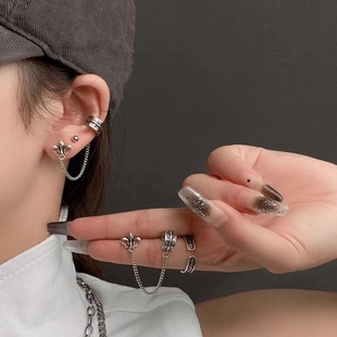 925银针鸢尾花链条一体耳钉耳夹甜酷金属简约精致冷淡风时尚耳环