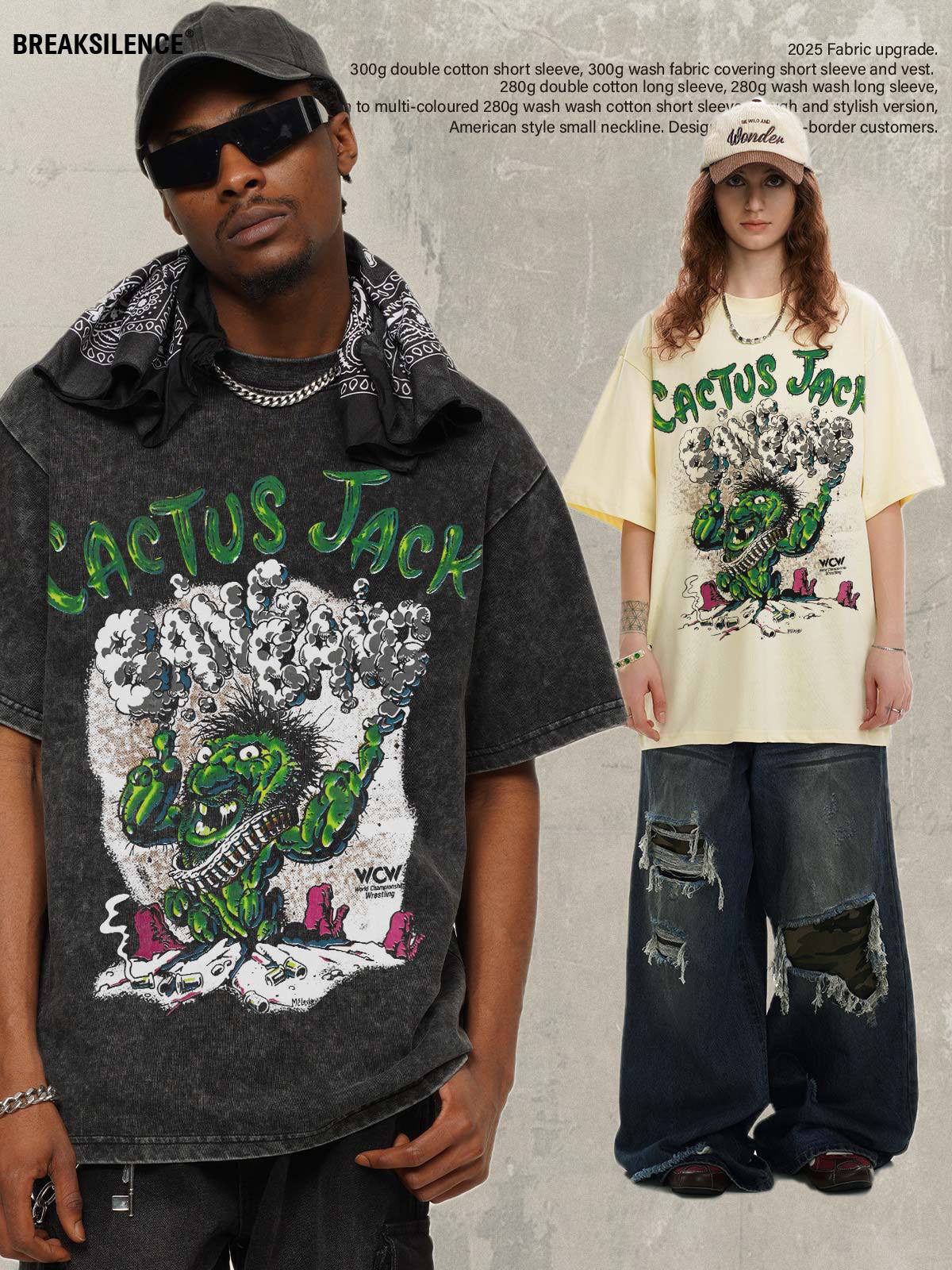 美式嘻哈Cactus Jack说唱印花短袖T恤男夏季300g纯棉宽松情侣半袖