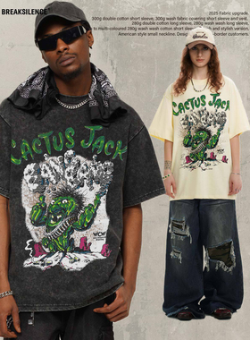美式嘻哈Cactus Jack说唱印花短袖T恤男夏季300g纯棉宽松情侣半袖